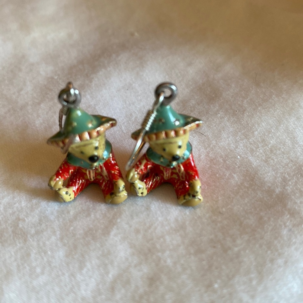 Vtg Painted Solid Sterling Silver Teddy Bear Earr… - image 1